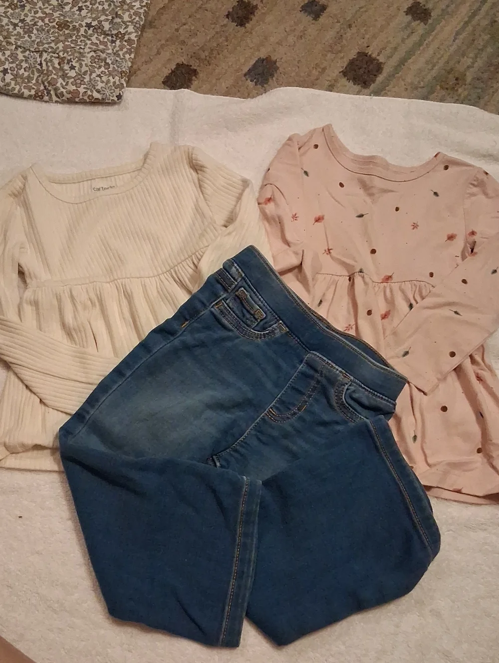 Carter's Cream Ribbed & Pink Floral Peplum Top With Flare Jeans